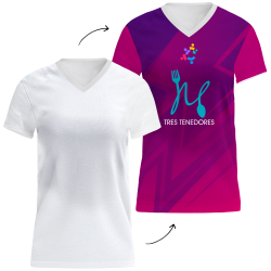 Camiseta para eventos cuello pico de mujer personalizada fullprint